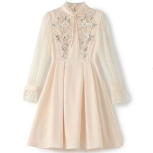 Mini Fit and Flare Beige Christmas/New Year's Party Dress